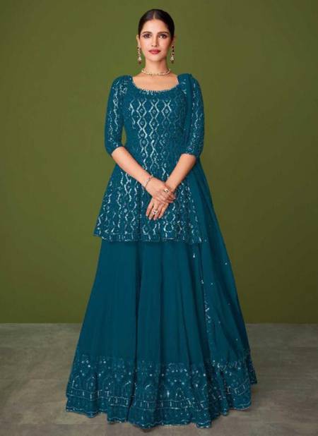 Teal Blue Colour Sayuri Murad 148 Colour Heavy Festive Wear Georgette Designer Salwar Suits Collection 148-C